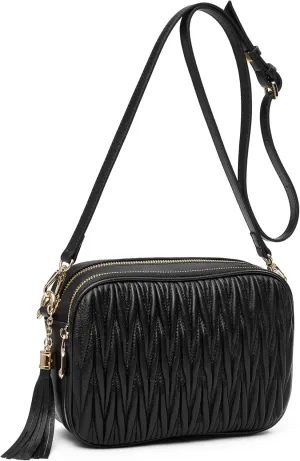 DORIS & JACKY Leather Crossbody Purse For Women Black Quilted Shoulder Bag With Double Zipper