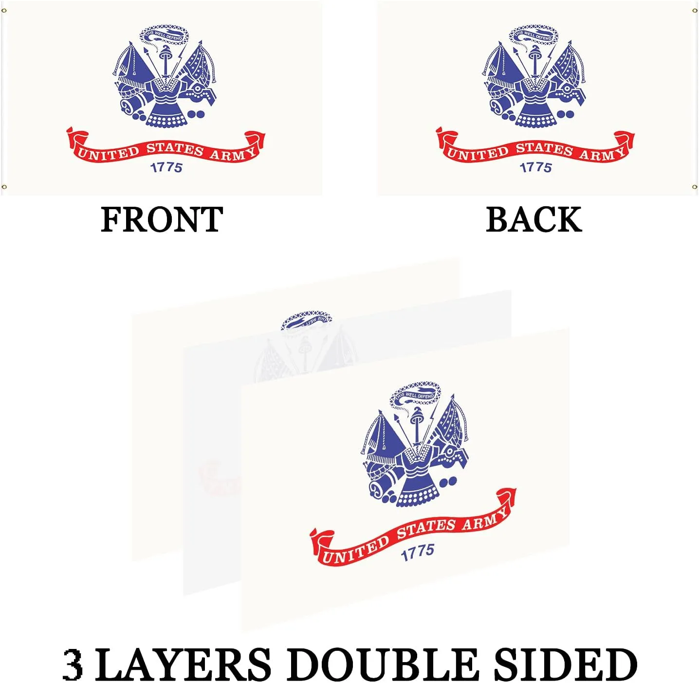 Double Sided White US Army Flag 2x3 Outdoor- Heavy Duty 3 Ply 210D- US Army Flags 2x3- With Canvas Header & 2 Brass Grommets