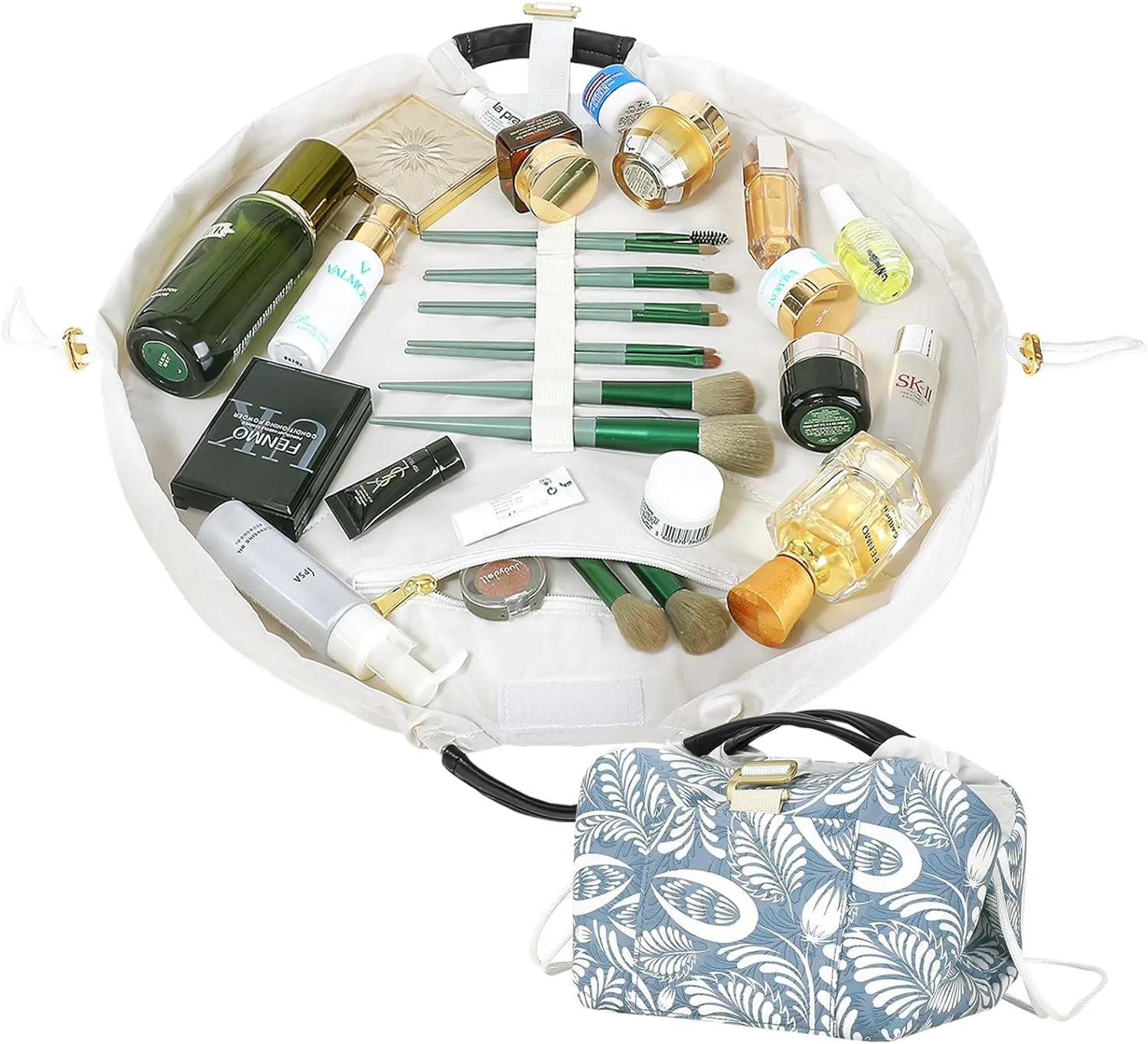 Drawstring Makeup Bag Organizer (Blue Leaves)