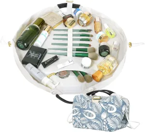 Drawstring Makeup Bag Organizer (Blue Leaves)