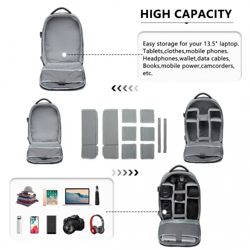 E6928 - Kono Water Resistant Shockproof DSLR Camera Backpack - Light Grey