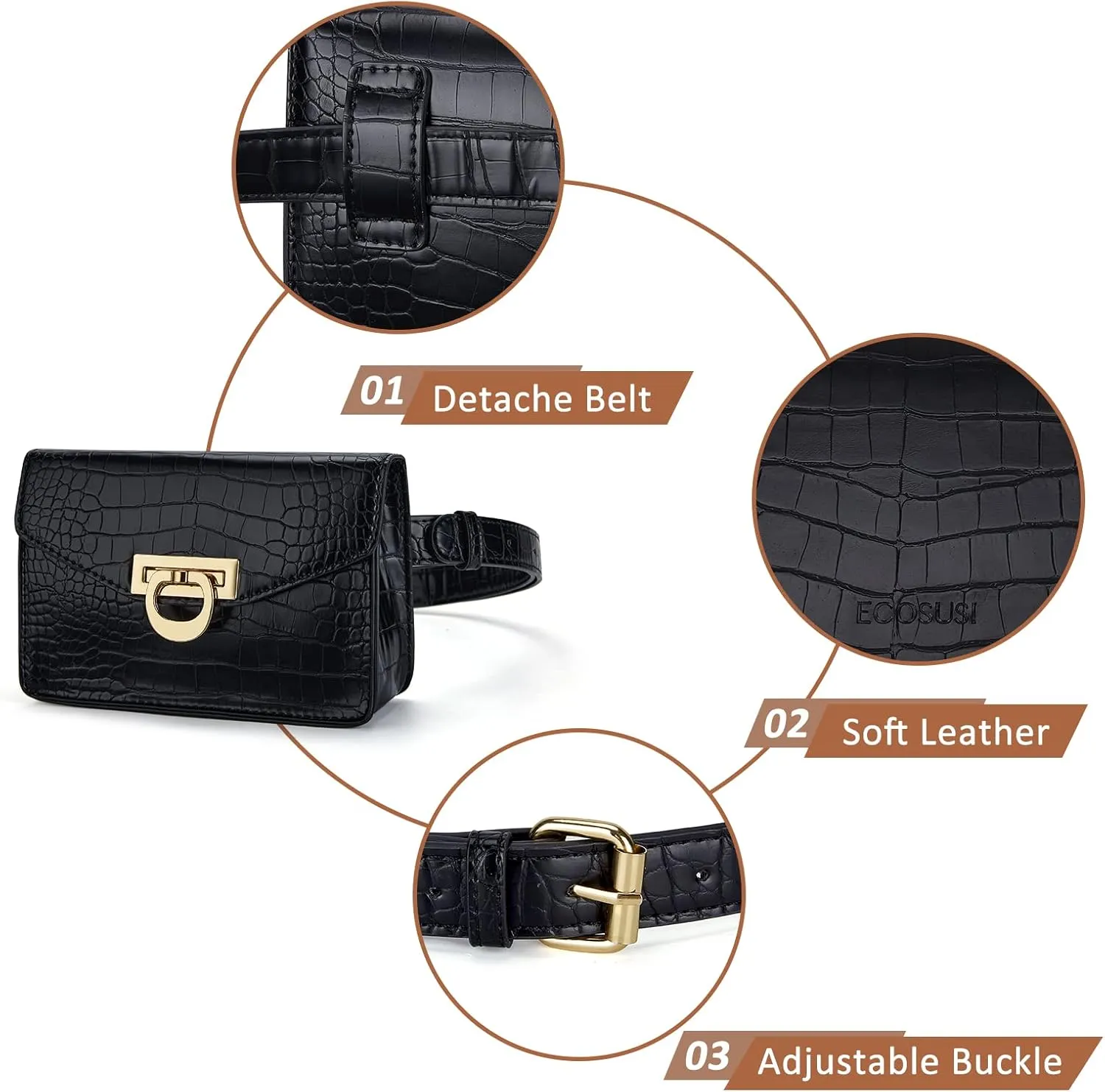 ECOSUSI Belt Bag for Women Fanny Pack Belt Purse for Women Waist Bag Leather Belt Pouch for Party, Travel