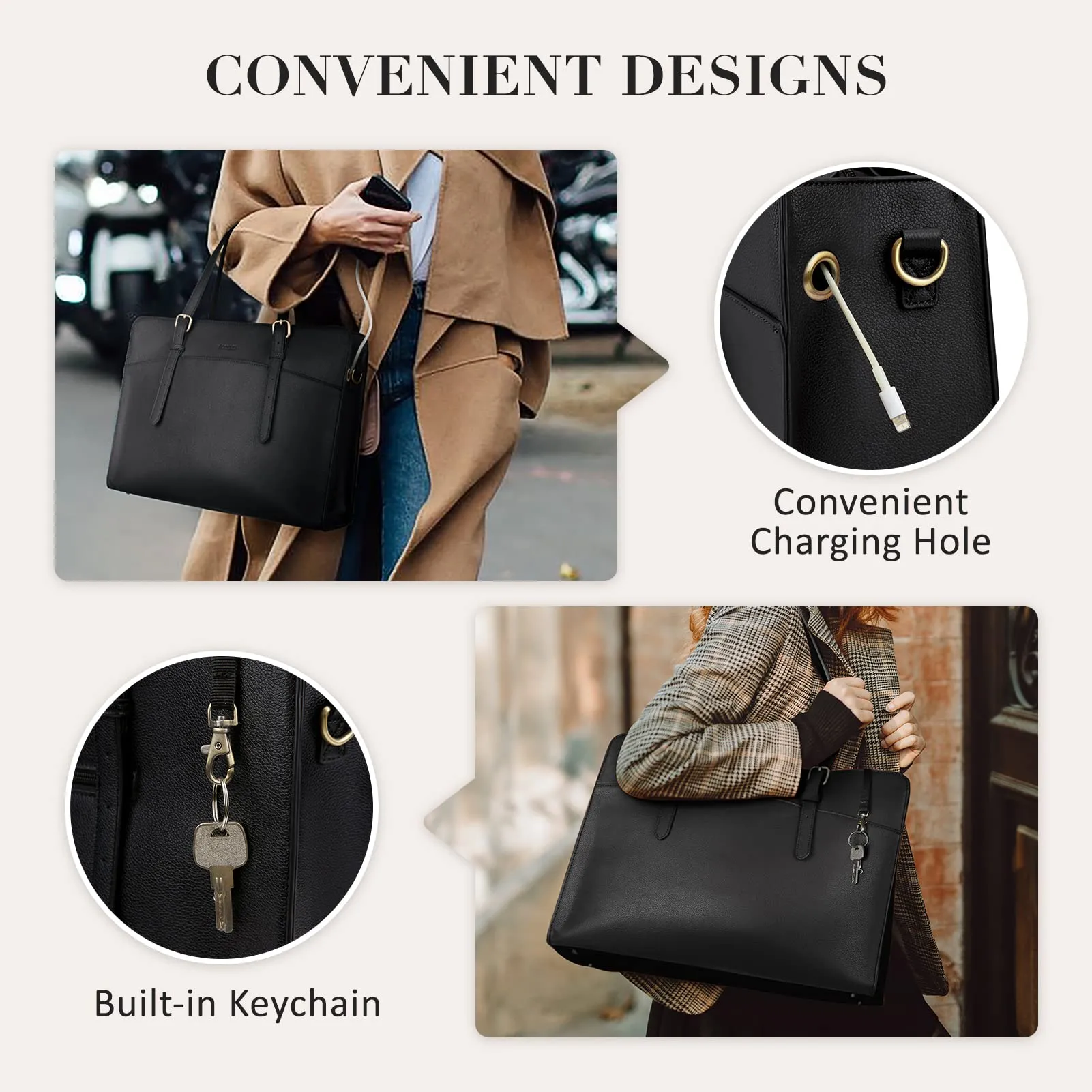 ECOSUSI Leather Laptop Tote Bag for Women 15.6 Inch Computer Briefcase Waterproof Handbag Shoulder Bag Purse for Tablet Work Office Business College Daily Travel, Black