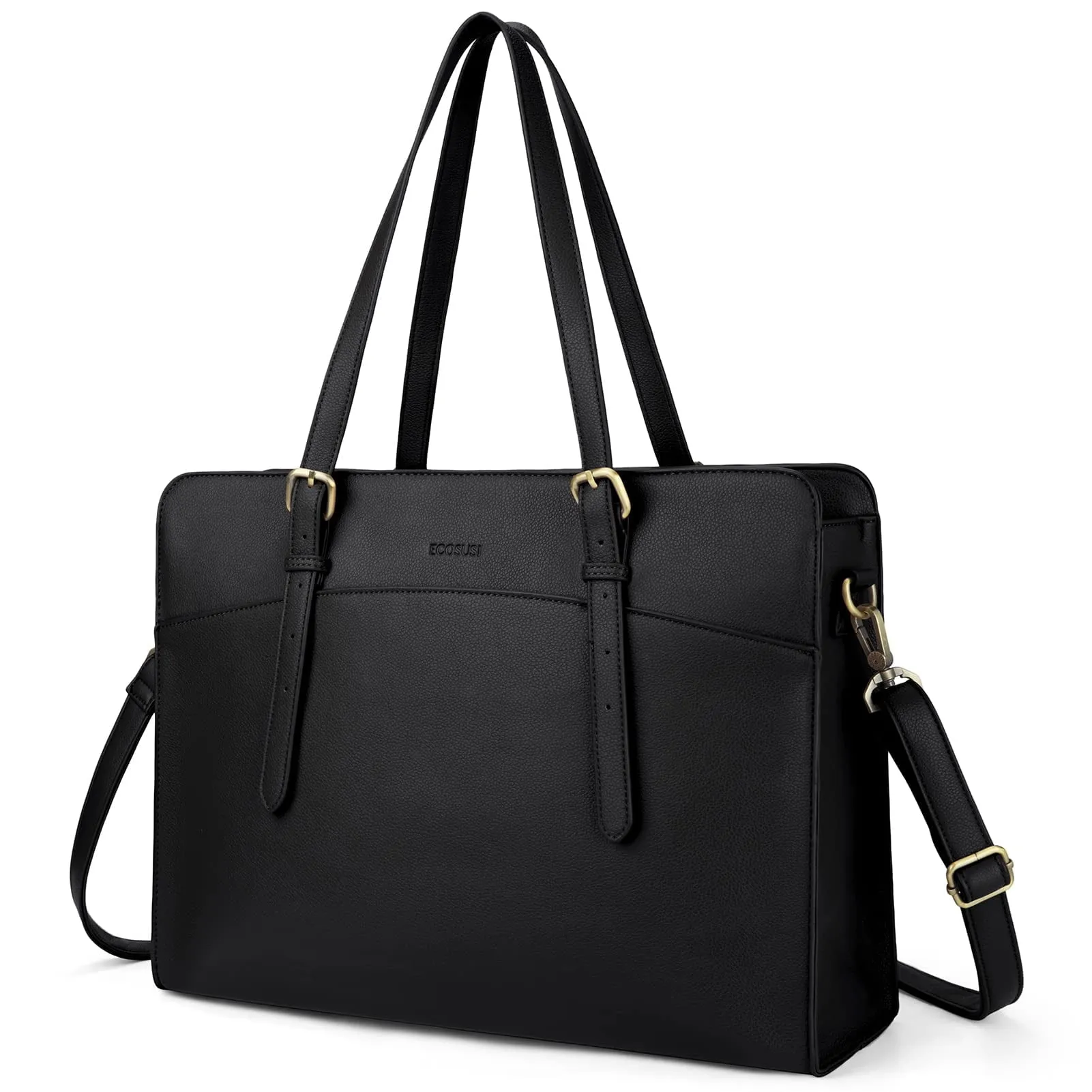 ECOSUSI Leather Laptop Tote Bag for Women 15.6 Inch Computer Briefcase Waterproof Handbag Shoulder Bag Purse for Tablet Work Office Business College Daily Travel, Black