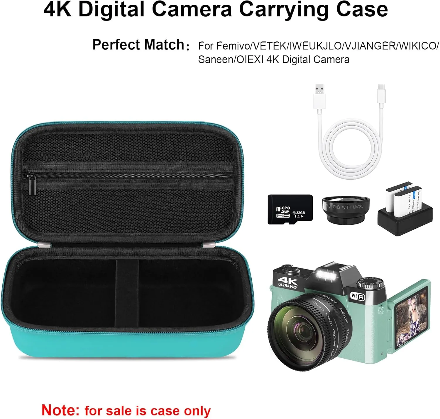 Elonbo 4K Digital Camera Carrying Case for Femivo/VETEK/IWEUKJLO/VJIANGER/WIKICO/Saneen/OIEXI 4K 48MP Vlogging Camera, Travel Compact Camera Storage Cover Bag Organizer Holder, Green