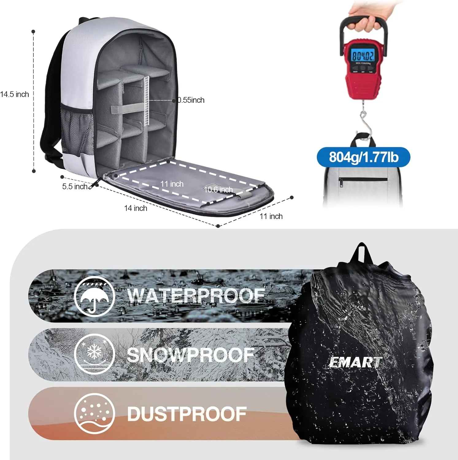 EMART Small Camera Backpack Bag Professional with Waterproof Rain Cover for SLR/DSLR Mirrorless Accessories, Photography Cases for Sony Canon Nikon, Tripod, 13" Laptop-Grey