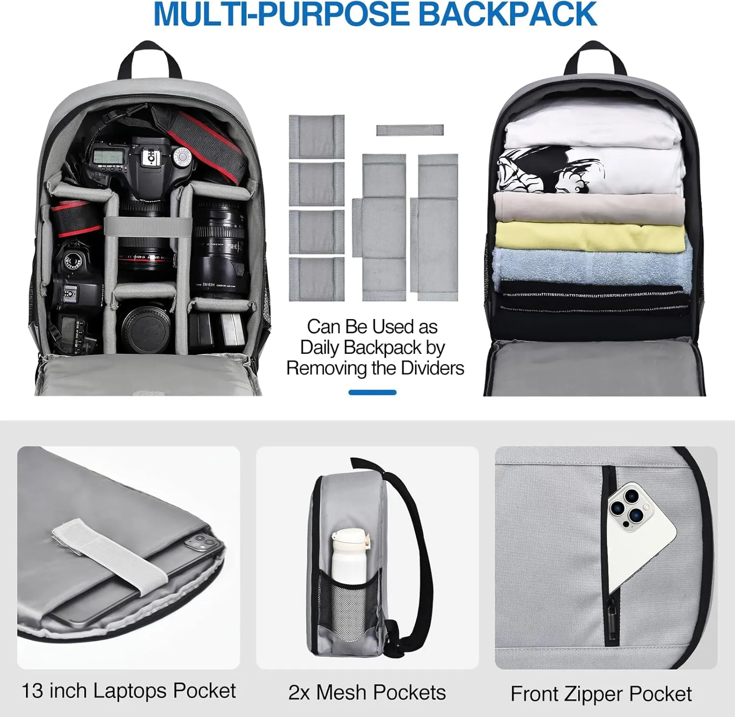 EMART Small Camera Backpack Bag Professional with Waterproof Rain Cover for SLR/DSLR Mirrorless Accessories, Photography Cases for Sony Canon Nikon, Tripod, 13" Laptop-Grey