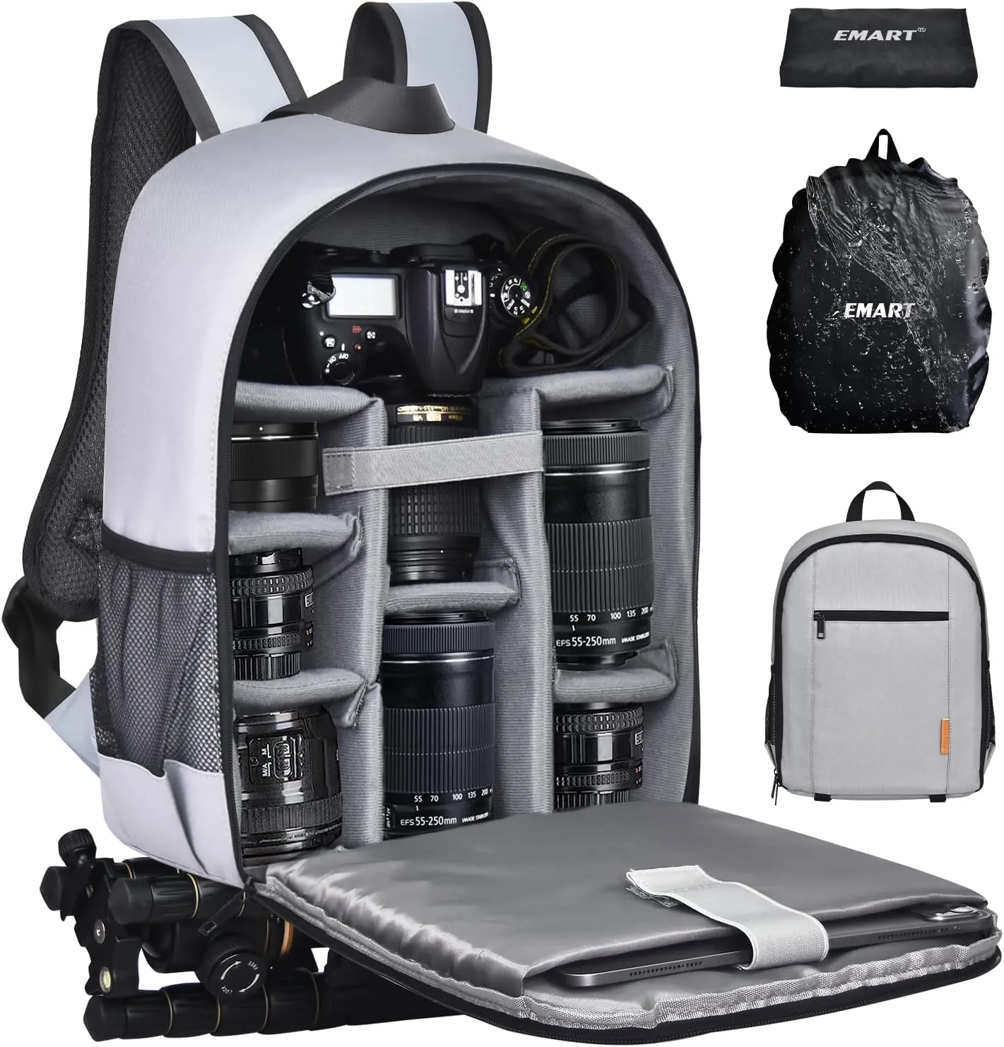 EMART Small Camera Backpack Bag Professional with Waterproof Rain Cover for SLR/DSLR Mirrorless Accessories, Photography Cases for Sony Canon Nikon, Tripod, 13" Laptop-Grey