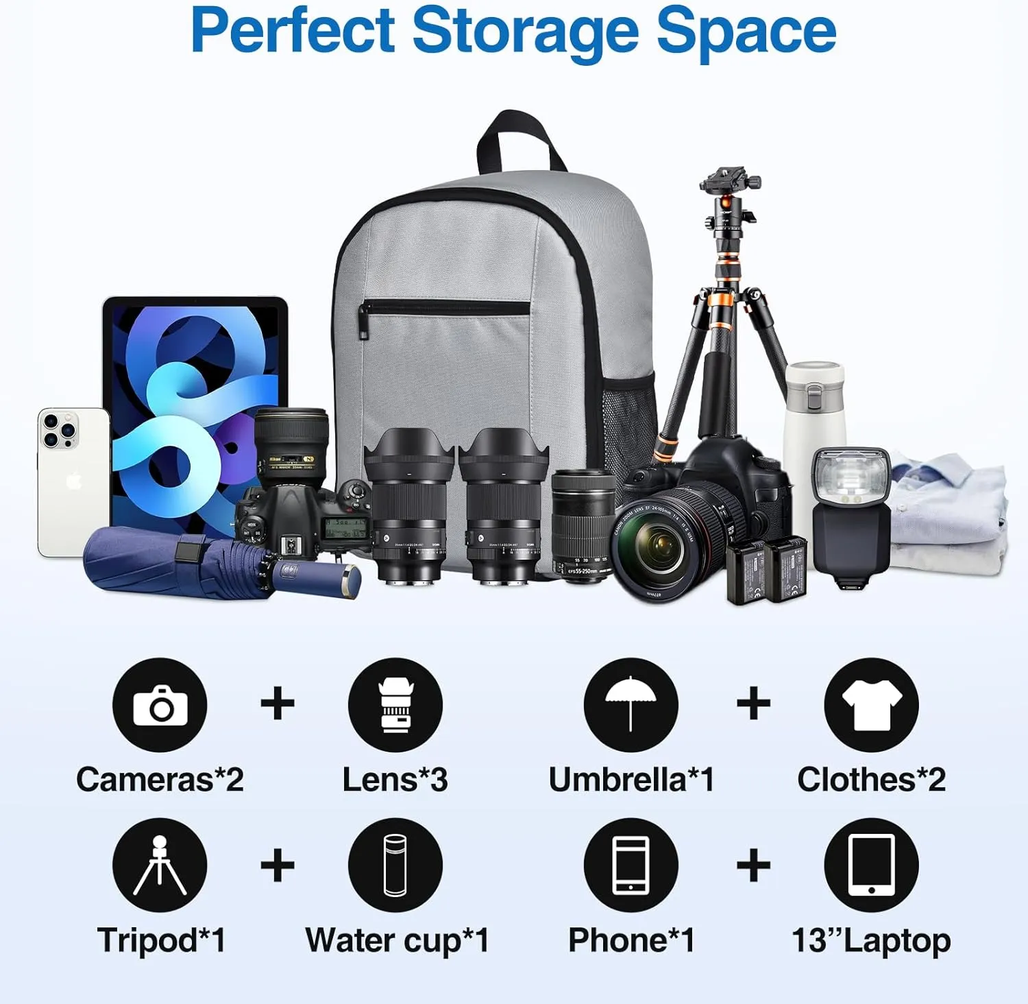 EMART Small Camera Backpack Bag Professional with Waterproof Rain Cover for SLR/DSLR Mirrorless Accessories, Photography Cases for Sony Canon Nikon, Tripod, 13" Laptop-Grey