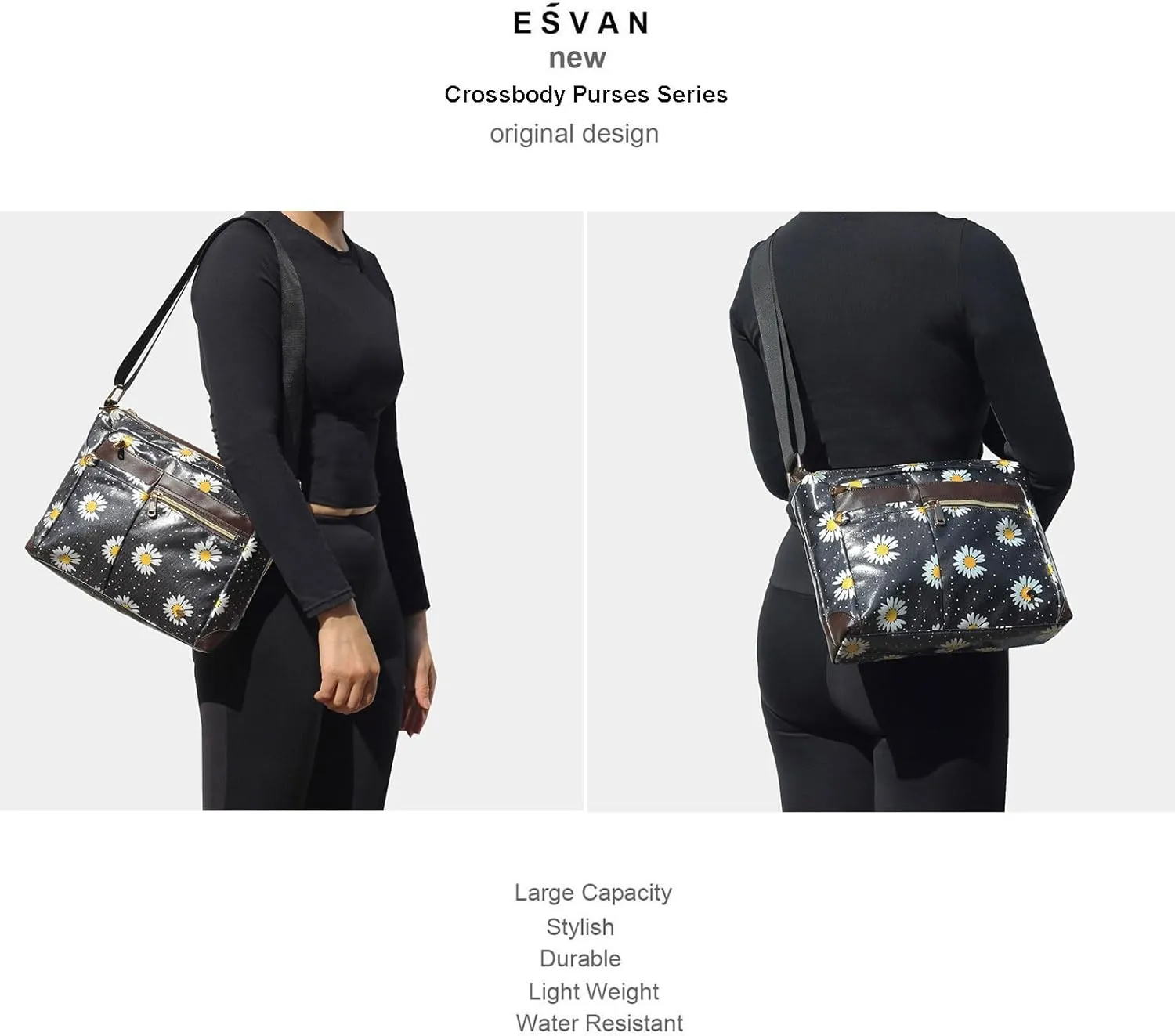 ESVAN Nylon Crossbody Bag For Women Waterproof Lightweight Casual Multi Pockets Shoulder Handbag Purse