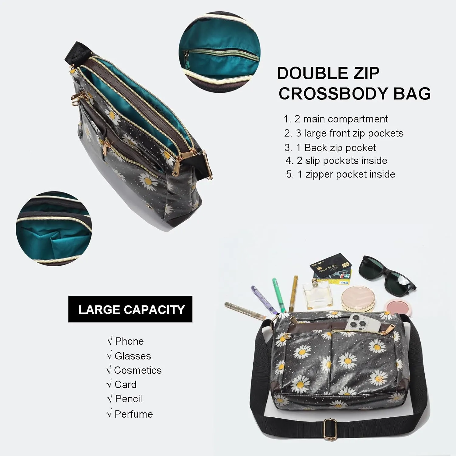 ESVAN Nylon Crossbody Bag For Women Waterproof Lightweight Casual Multi Pockets Shoulder Handbag Purse