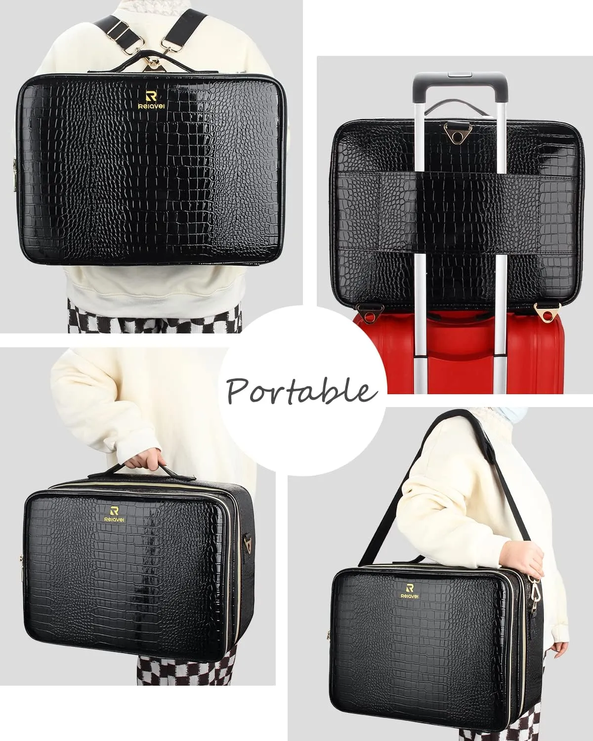 Extra Large Makeup Case, Travel Makeup Bag Makeup Brush Organizer, Professional Makeup Artist Makeup Organizer, with Adjustable Dividers and Shoulder Straps, Portable Makeup Bag (Crocodile, Black)