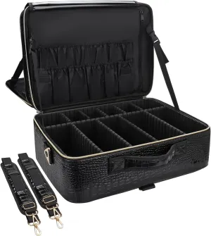 Extra Large Makeup Case, Travel Makeup Bag Makeup Brush Organizer, Professional Makeup Artist Makeup Organizer, with Adjustable Dividers and Shoulder Straps, Portable Makeup Bag (Crocodile, Black)