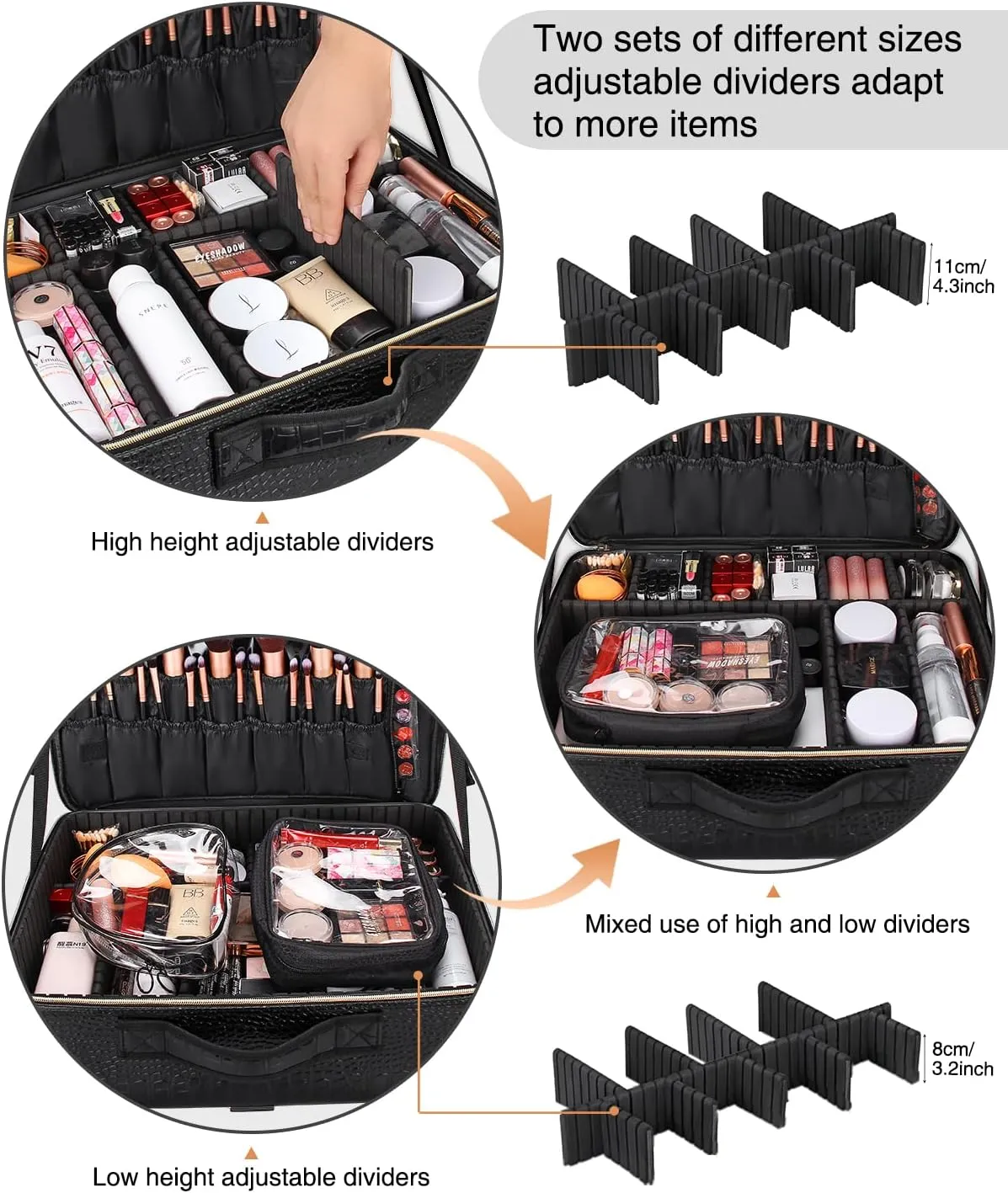 Extra Large Makeup Case, Travel Makeup Bag Makeup Brush Organizer, Professional Makeup Artist Makeup Organizer, with Adjustable Dividers and Shoulder Straps, Portable Makeup Bag (Crocodile, Black)