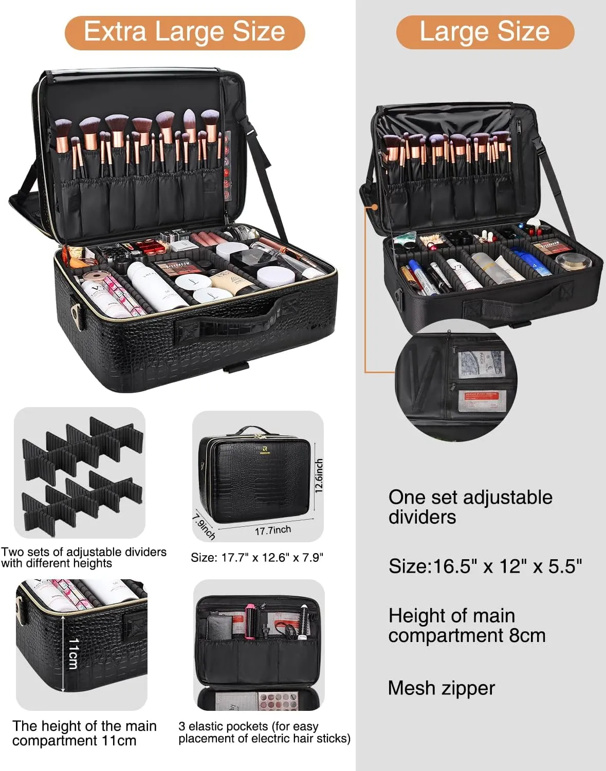 Extra Large Makeup Case, Travel Makeup Bag Makeup Brush Organizer, Professional Makeup Artist Makeup Organizer, with Adjustable Dividers and Shoulder Straps, Portable Makeup Bag (Crocodile, Black)