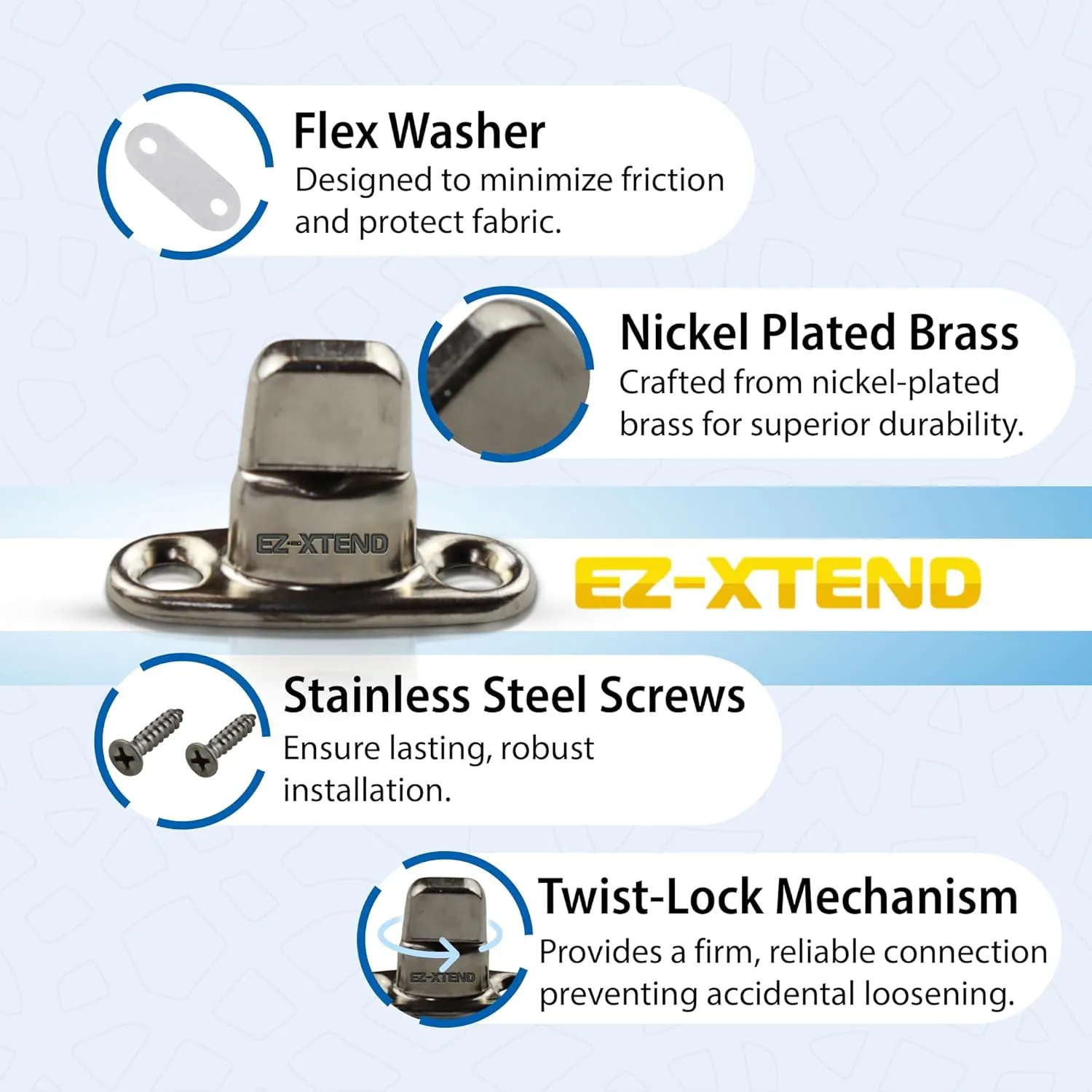 EZ-Xtend Marine Grade Twist Lock Fasteners - Nickel Plated Brass Turn Button Fastener with Stainless Steel Screws for Canvas, Marine Fastener Turn Buttons (Long Base - 10 PK)