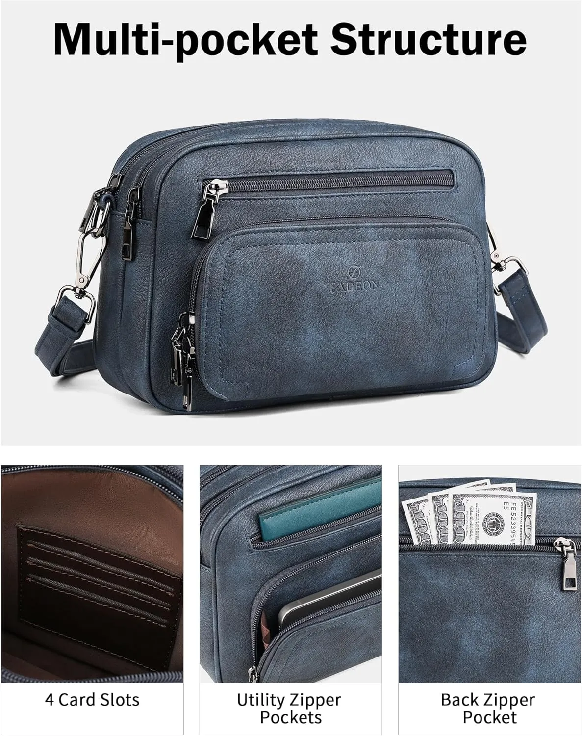 FADEON Crossbody Bags for Women Multi-pocket Leather Crossbody Purses, Designer Shoulder Bag Adjustable Removable Strap