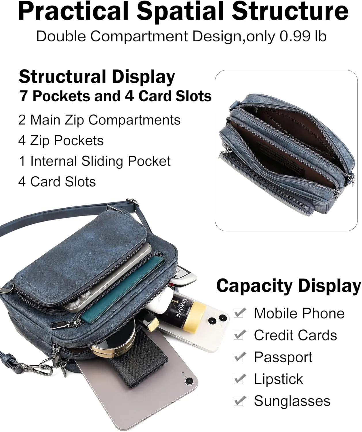FADEON Crossbody Bags for Women Multi-pocket Leather Crossbody Purses, Designer Shoulder Bag Adjustable Removable Strap