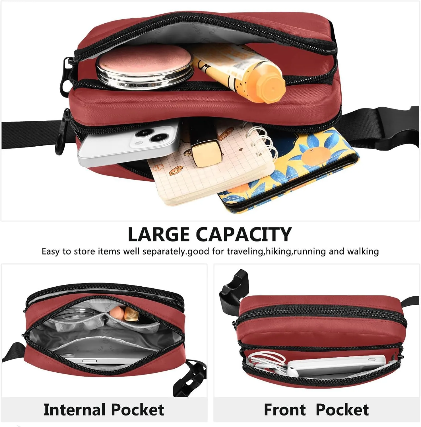 Fanny Pack for Women Men with Zipper Brown Fashion Waist Pack, Small Cross Body bags for Running,Hiking,Cycling,Travel 20833