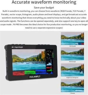 FEELWORLD F6 Pro  Battery   Carry Case 5.5 Inch 1600nits 1920x1080 IPS Touchscreen DSLR Camera Field Monitor with 3D LUT F970 External Kit Install 4K HDMI inOut Type-c Input