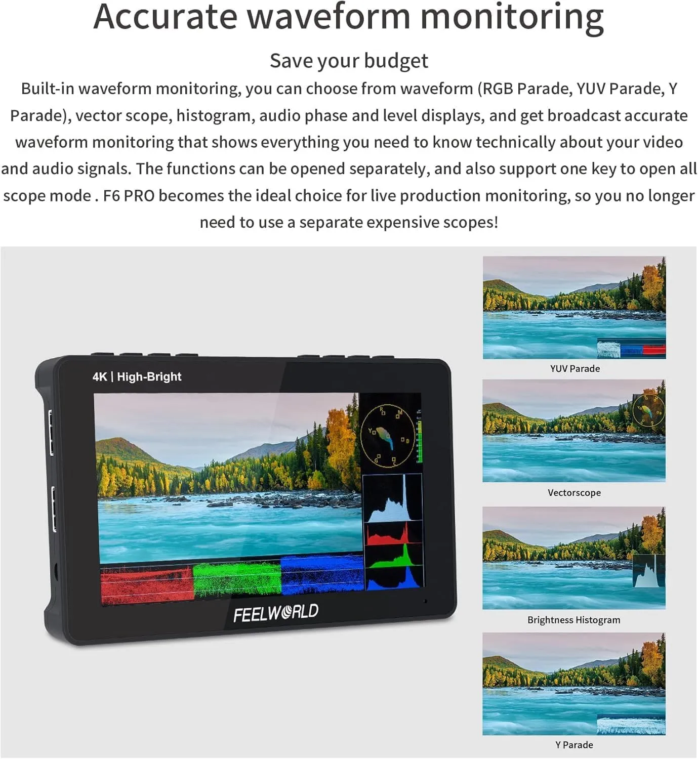 FEELWORLD F6 Pro  Battery   Carry Case 5.5 Inch 1600nits 1920x1080 IPS Touchscreen DSLR Camera Field Monitor with 3D LUT F970 External Kit Install 4K HDMI inOut Type-c Input