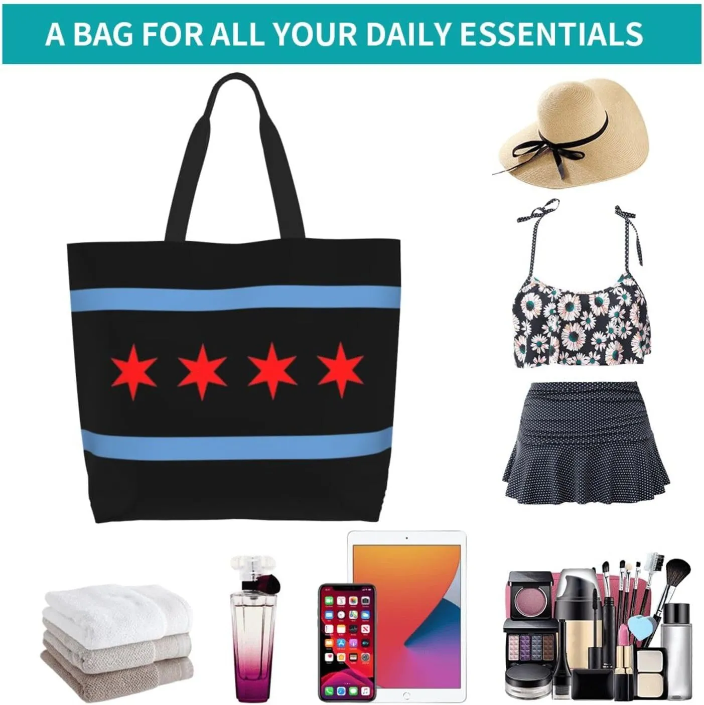 Flag Grocery Bag Chicago Shoulder Bag Handbag Shopping Grocery Bags Chicago Flag Bag Canvas Bag