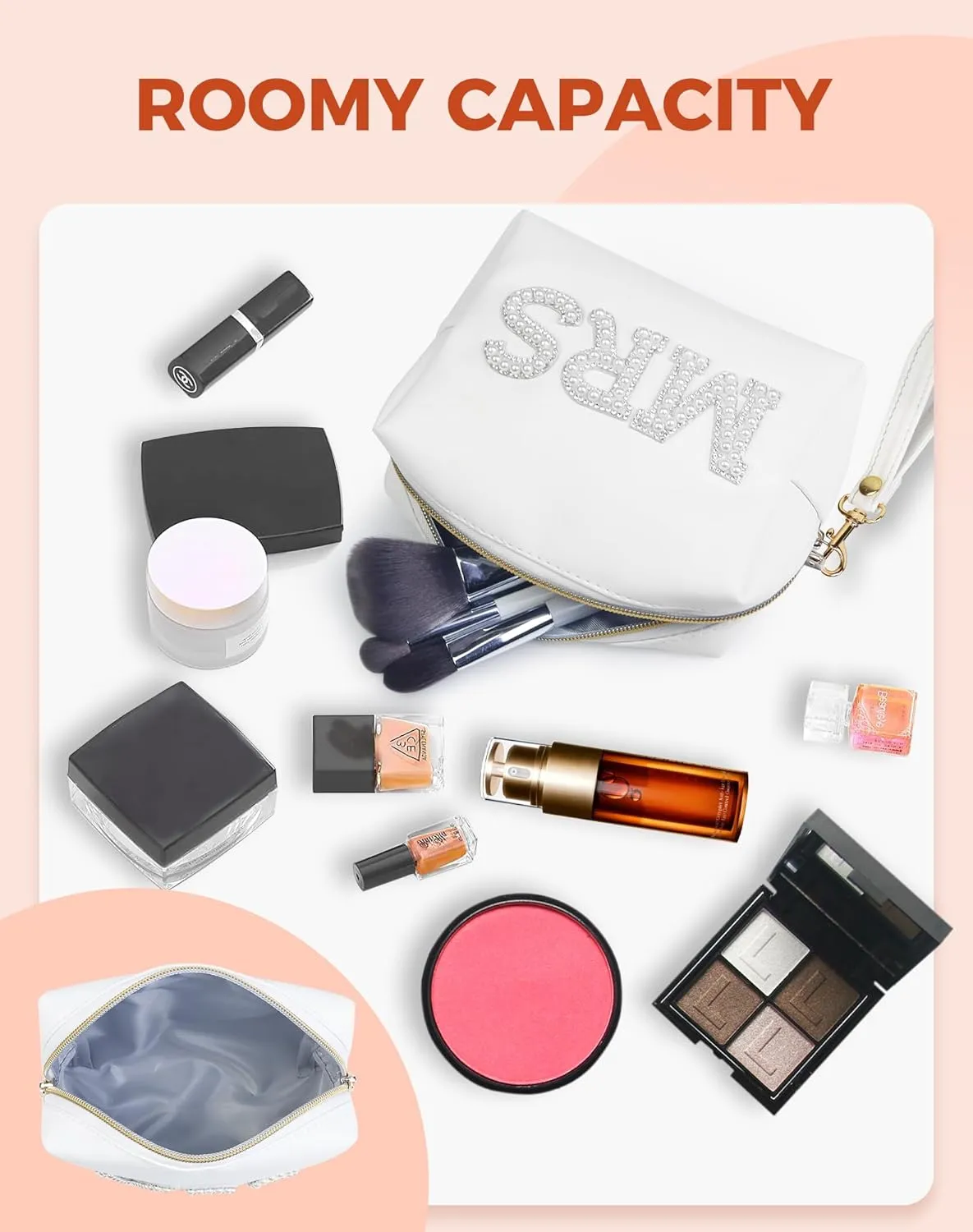 Fmeida MRS Patch Makeup Bag Bride Small Cosmetic Bag for Purse with Pearl Rhinestone Patches White PU Leather Detachable Handle Bride to be Gifts for Bachelorette Party Wedding Bridal Shower