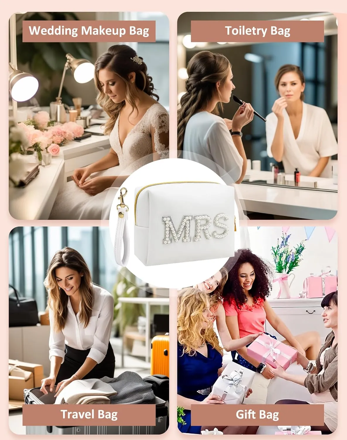 Fmeida MRS Patch Makeup Bag Bride Small Cosmetic Bag for Purse with Pearl Rhinestone Patches White PU Leather Detachable Handle Bride to be Gifts for Bachelorette Party Wedding Bridal Shower