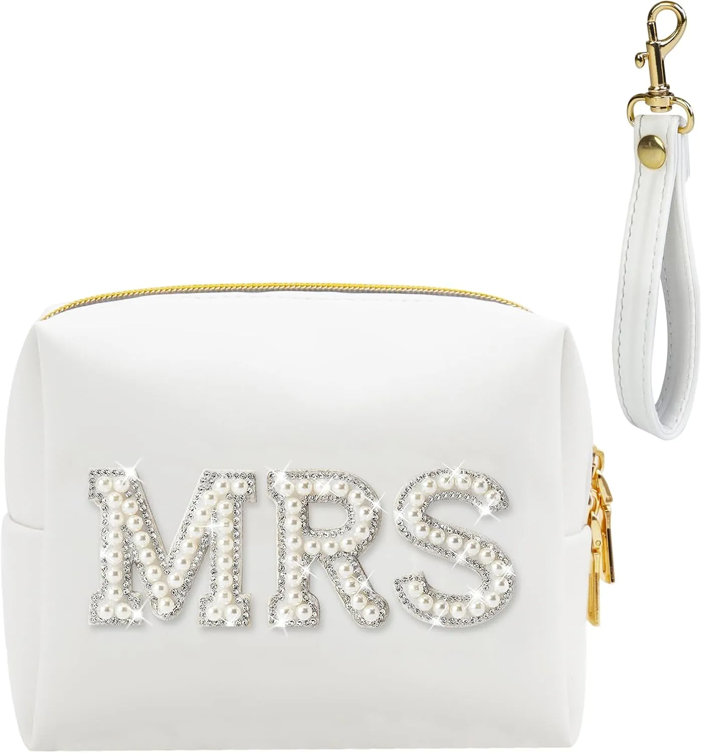 Fmeida MRS Patch Makeup Bag Bride Small Cosmetic Bag for Purse with Pearl Rhinestone Patches White PU Leather Detachable Handle Bride to be Gifts for Bachelorette Party Wedding Bridal Shower