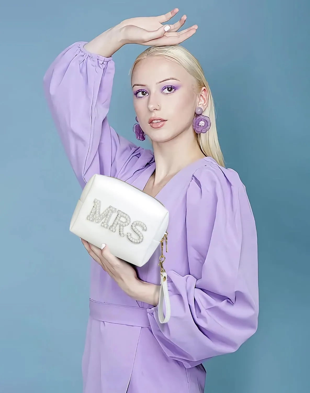 Fmeida MRS Patch Makeup Bag Bride Small Cosmetic Bag for Purse with Pearl Rhinestone Patches White PU Leather Detachable Handle Bride to be Gifts for Bachelorette Party Wedding Bridal Shower