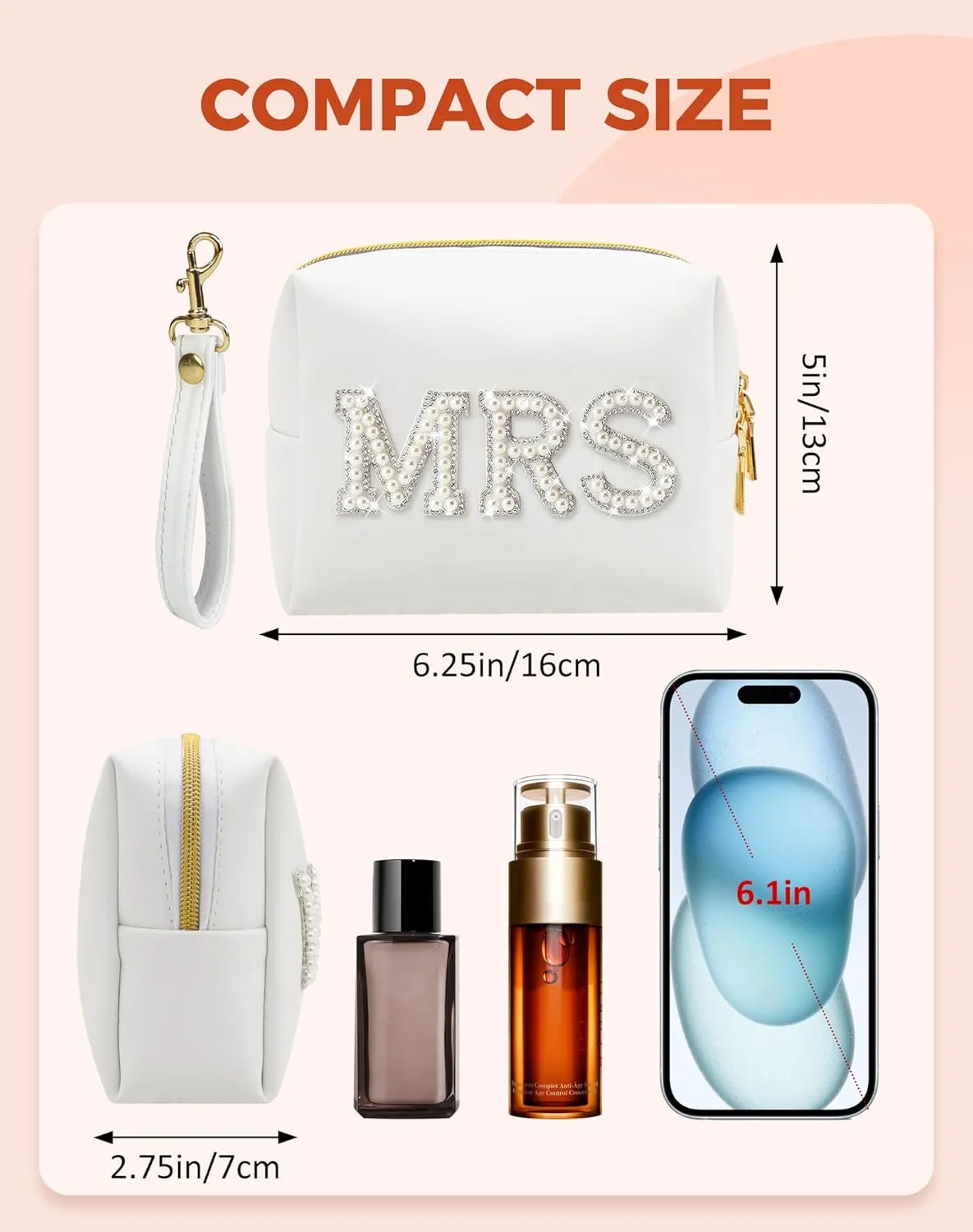 Fmeida MRS Patch Makeup Bag Bride Small Cosmetic Bag for Purse with Pearl Rhinestone Patches White PU Leather Detachable Handle Bride to be Gifts for Bachelorette Party Wedding Bridal Shower