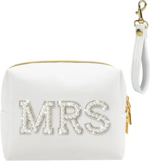 Fmeida MRS Patch Makeup Bag Bride Small Cosmetic Bag for Purse with Pearl Rhinestone Patches White PU Leather Detachable Handle Bride to be Gifts for Bachelorette Party Wedding Bridal Shower