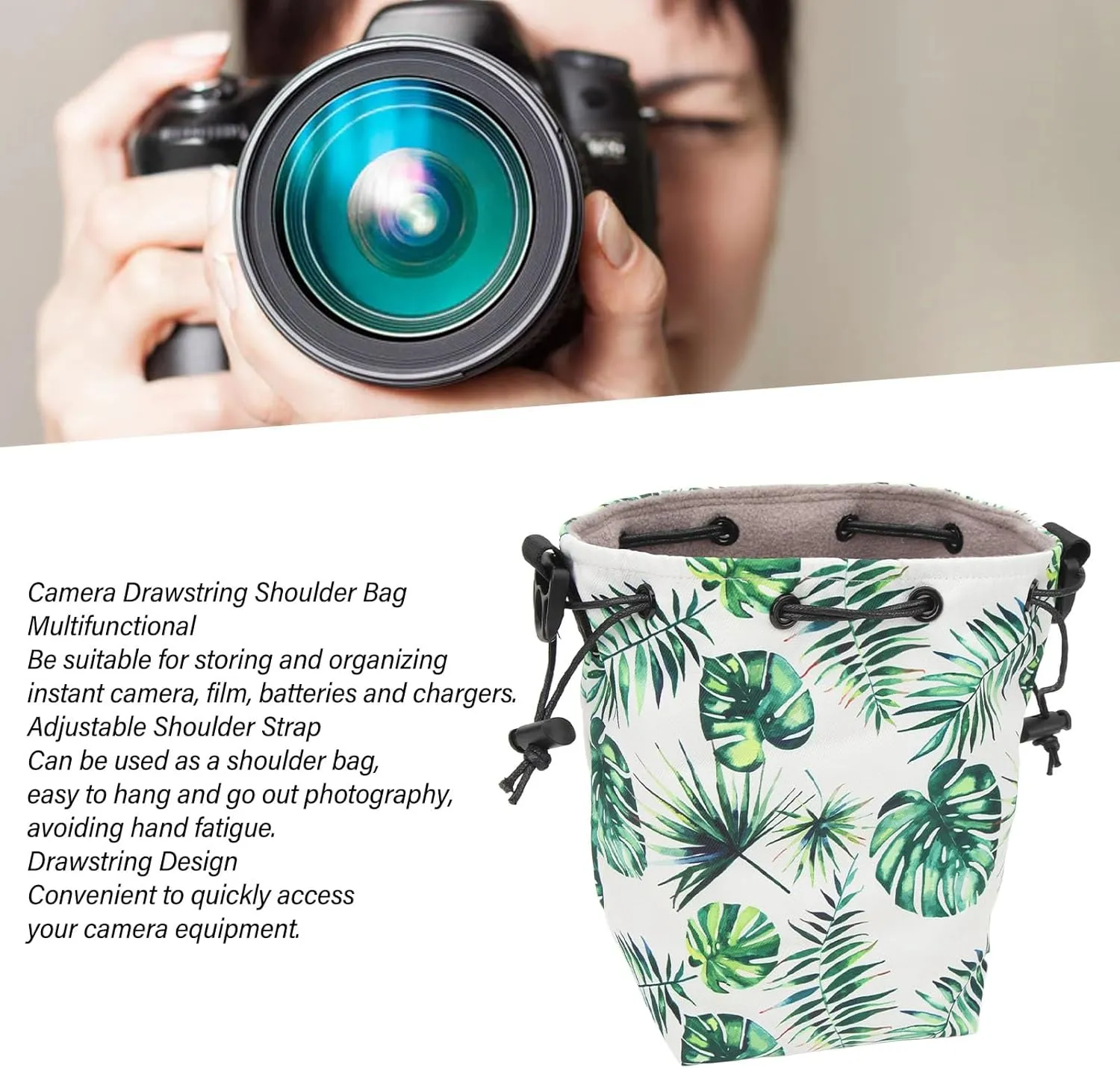Fockety Soft Camera Case Drawstring Bag, Waterproof Camera Bag with Adjustable Strap, Instant Camera Storage Bag Soft Lens Case Portable Shoulder Bag for Photographers Traveling (Green