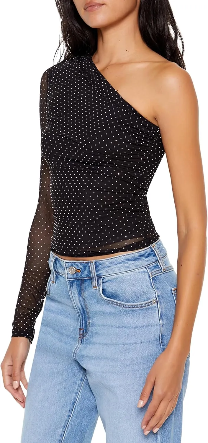 Forever 21 Women's Rhinestone One-Shoulder Crop Top
