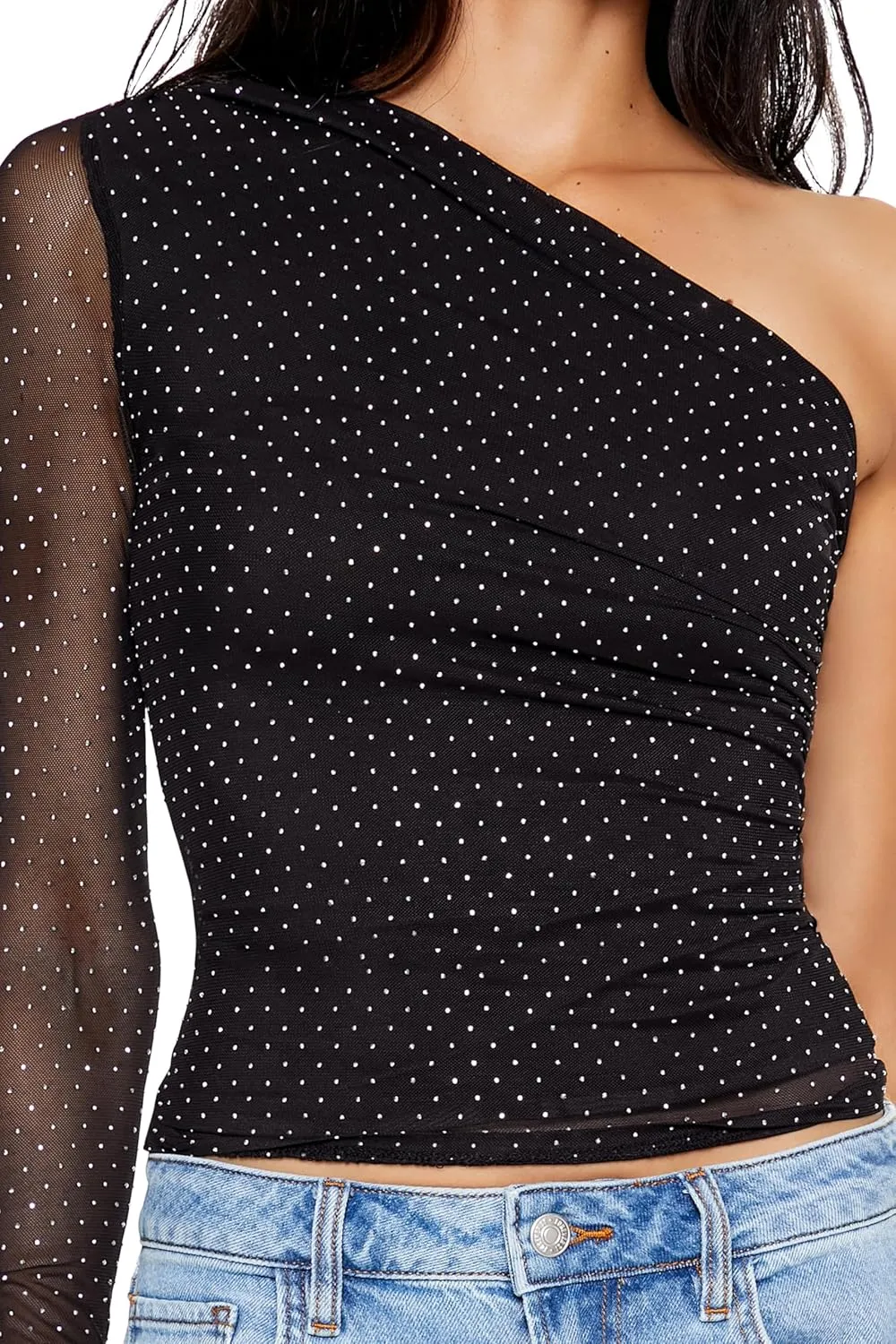 Forever 21 Women's Rhinestone One-Shoulder Crop Top