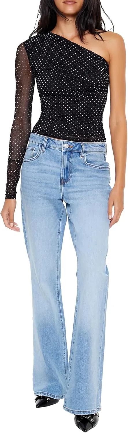 Forever 21 Women's Rhinestone One-Shoulder Crop Top