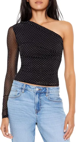 Forever 21 Women's Rhinestone One-Shoulder Crop Top