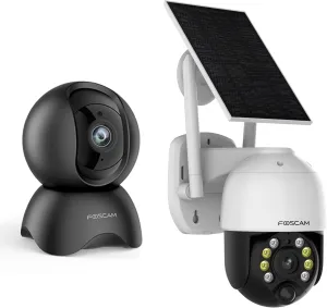 FOSCAM 5MP 360PTZ Indoor WiFi Camera and 4MP Solar Battery Security Camera 100% Wireless