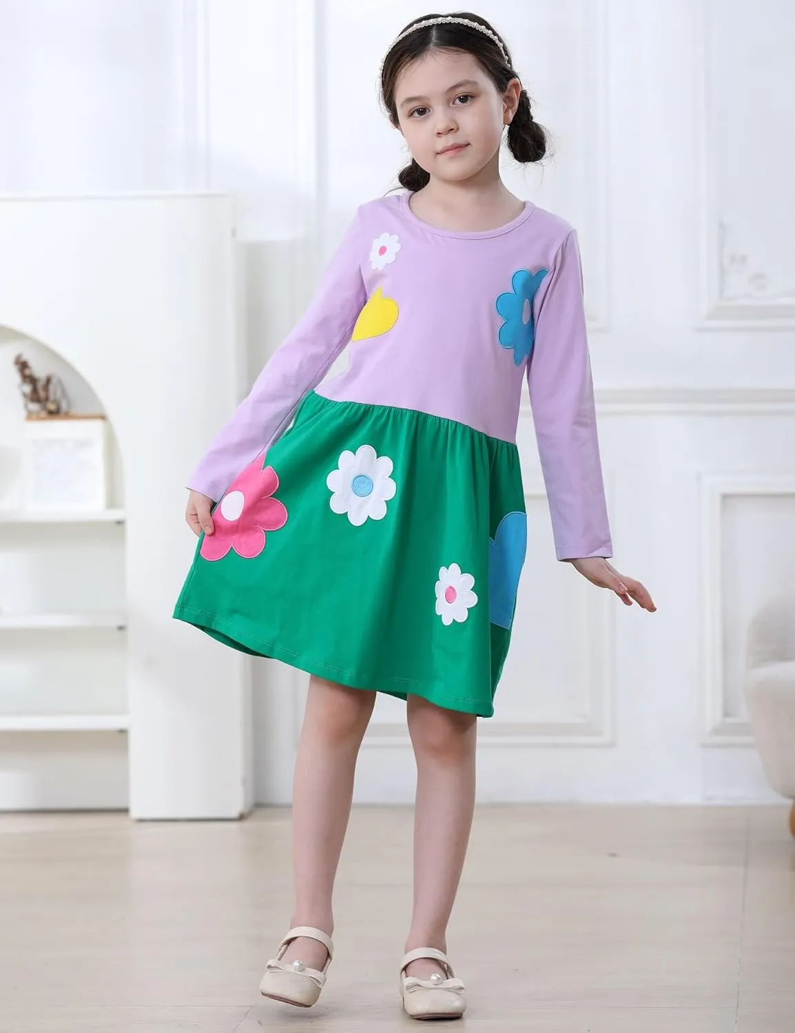 FreeLu Toddler Girls Cartoon Applique Dresses Striped Casual Dress Cotton Jersey Longsleeve T-Shirt