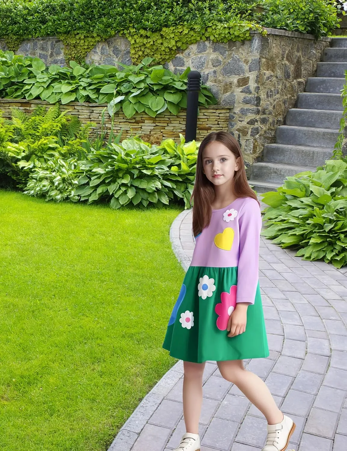 FreeLu Toddler Girls Cartoon Applique Dresses Striped Casual Dress Cotton Jersey Longsleeve T-Shirt