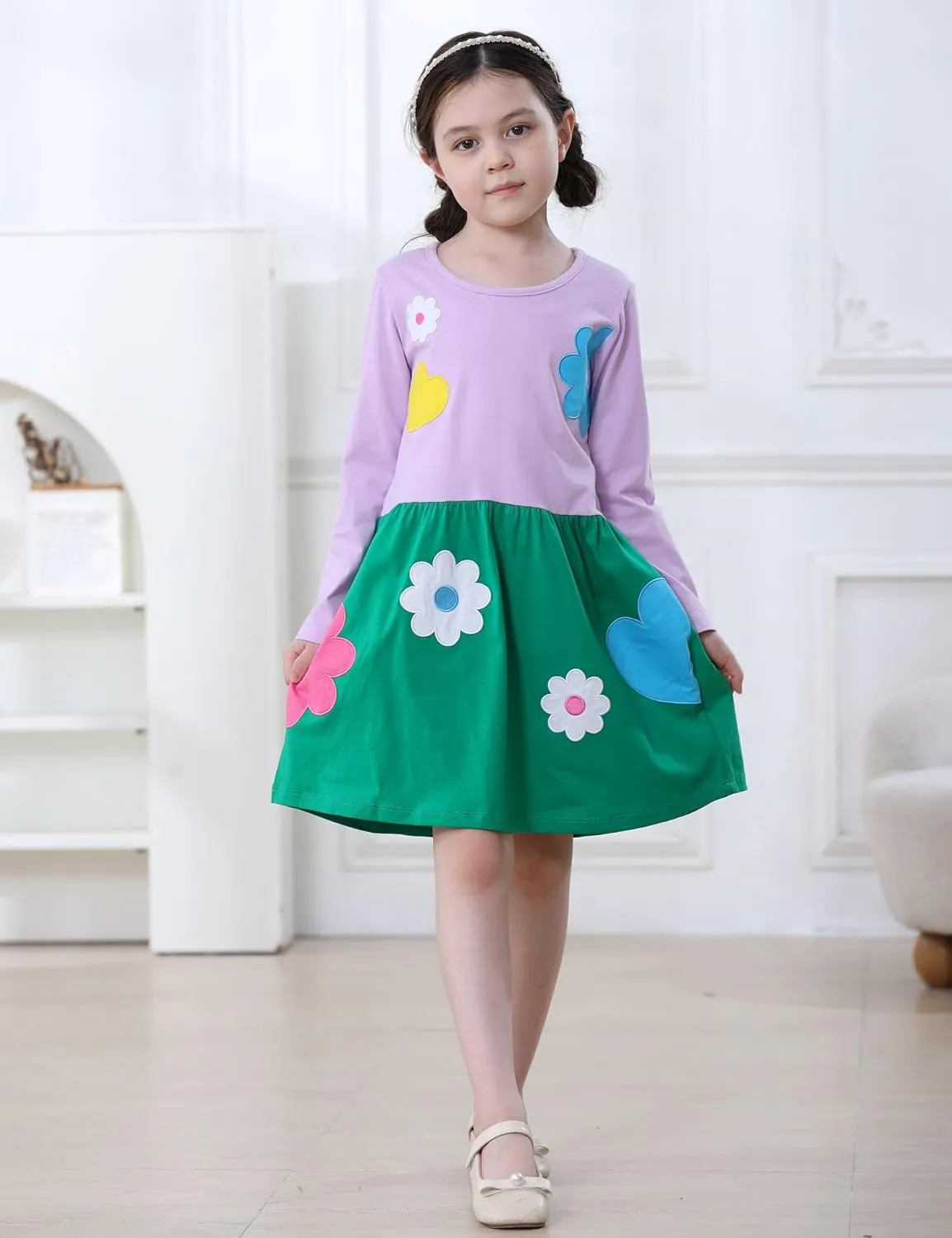 FreeLu Toddler Girls Cartoon Applique Dresses Striped Casual Dress Cotton Jersey Longsleeve T-Shirt
