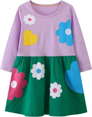 FreeLu Toddler Girls Cartoon Applique Dresses Striped Casual Dress Cotton Jersey Longsleeve T-Shirt