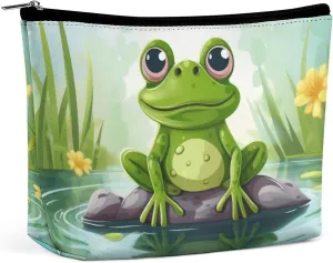 Frog In A Pond PU Leather Travel Makeup Bag Mini Pocket Cosmetic Bag for Women Portable Handbag Closure Organizer Makeup Case Toiletry Bag