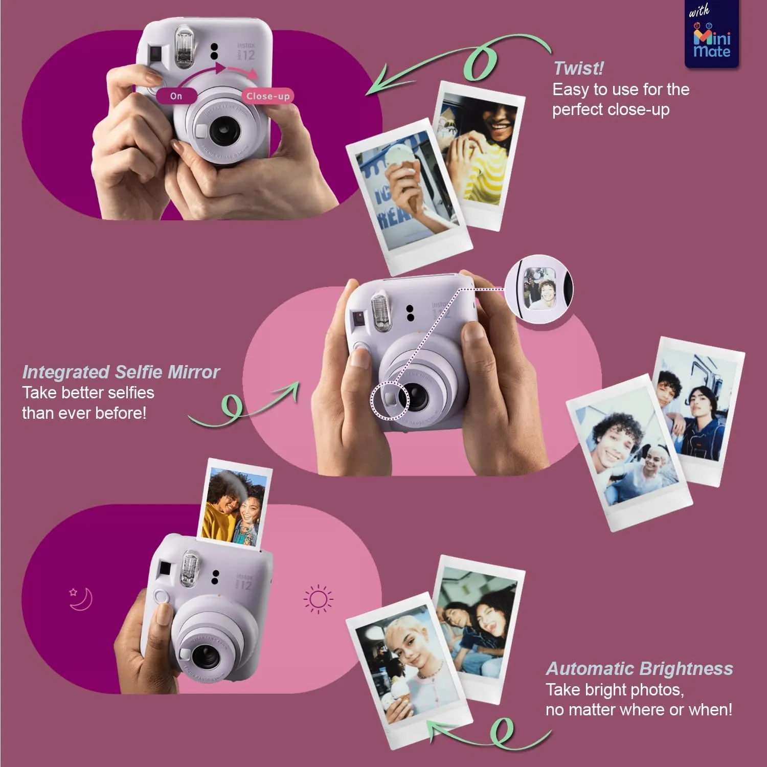 Fujifilm Instax Mini 12 Instant Camera   Minimate Custom Case   Fuji Instax Film 20 Sheets Twin Pack (Mint Green)