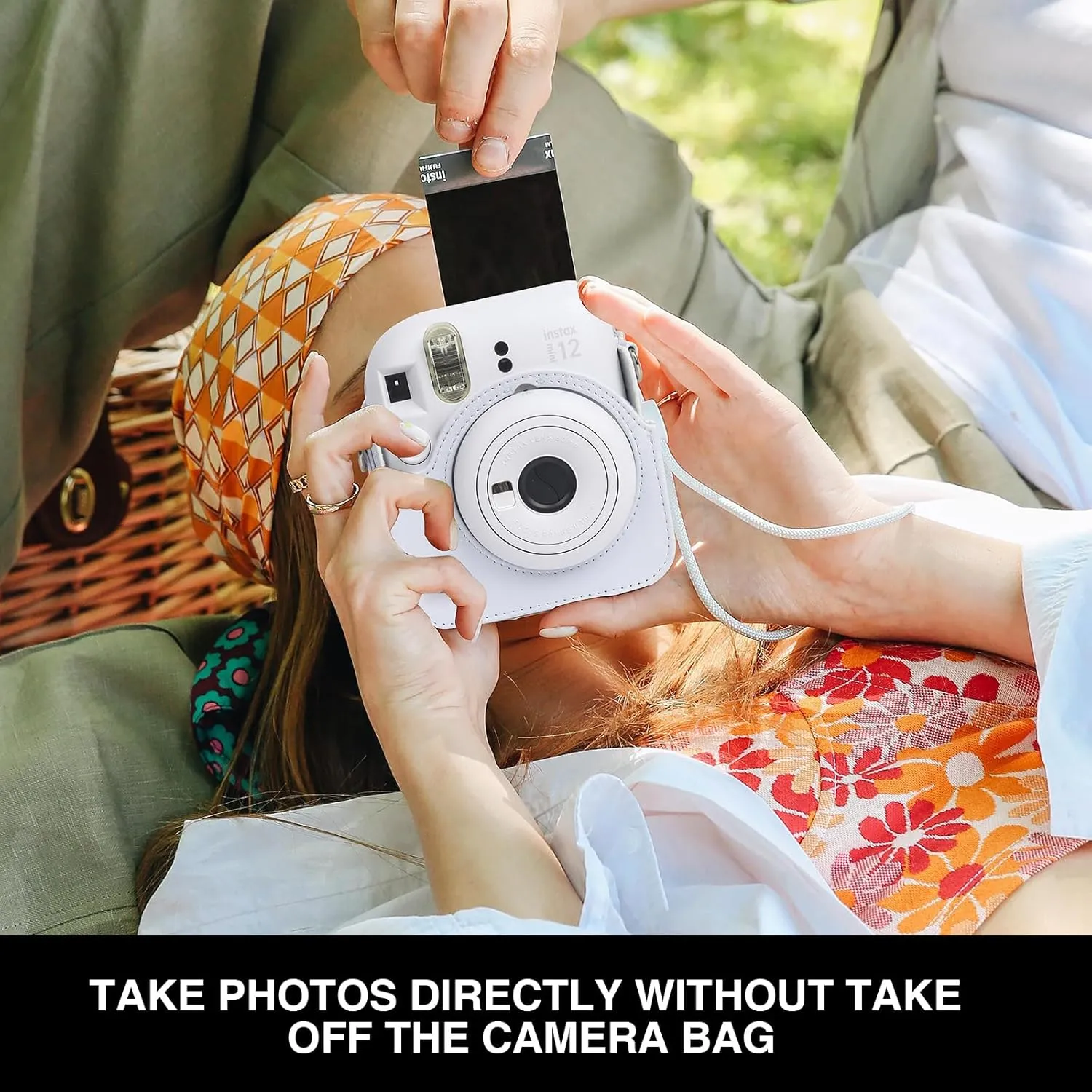 Fujifilm Instax Mini 12 Protective Case, PU Leather Bag with Magnetic Closure and Back Pocket, 64 Mini Photo Album and Adjustable Shoulder Strap (White)
