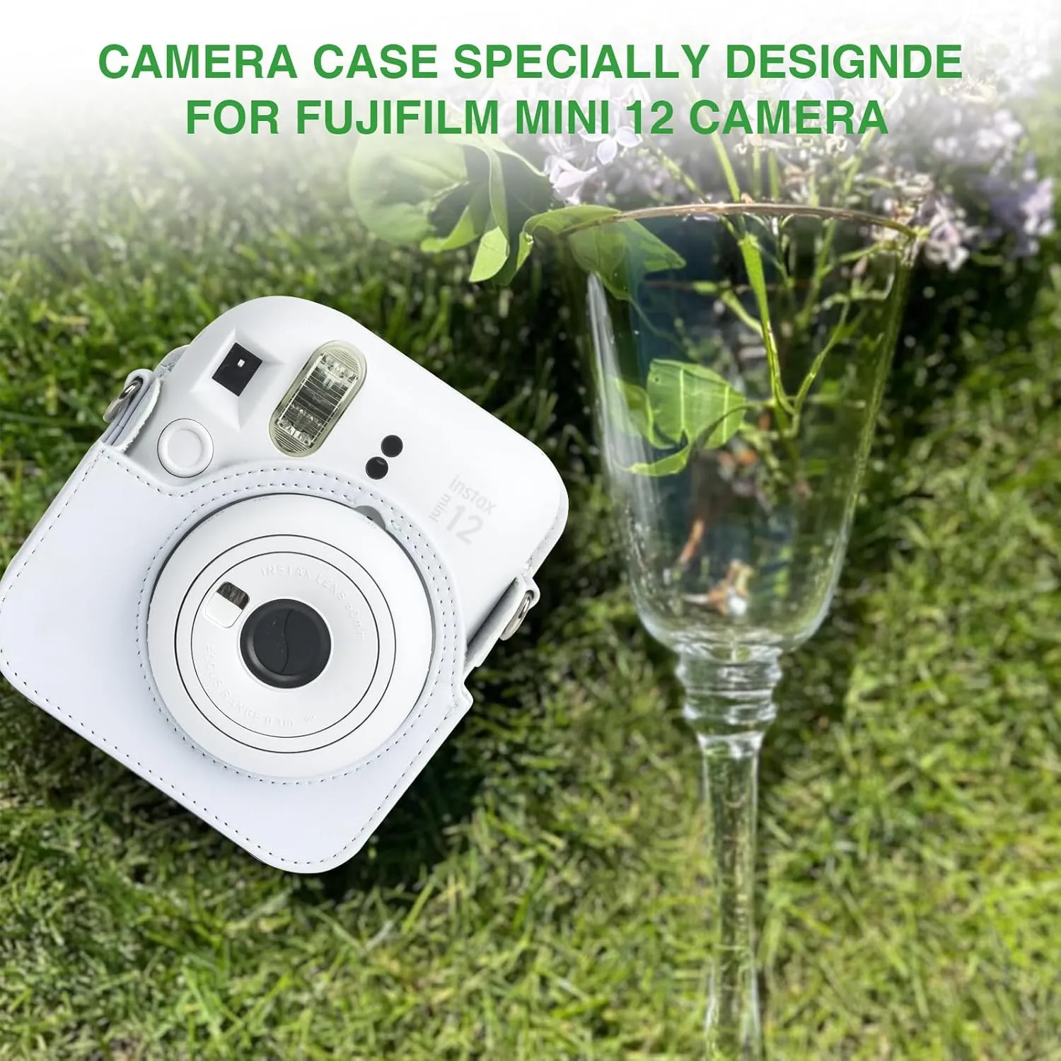 Fujifilm Instax Mini 12 Protective Case, PU Leather Bag with Magnetic Closure and Back Pocket, 64 Mini Photo Album and Adjustable Shoulder Strap (White)