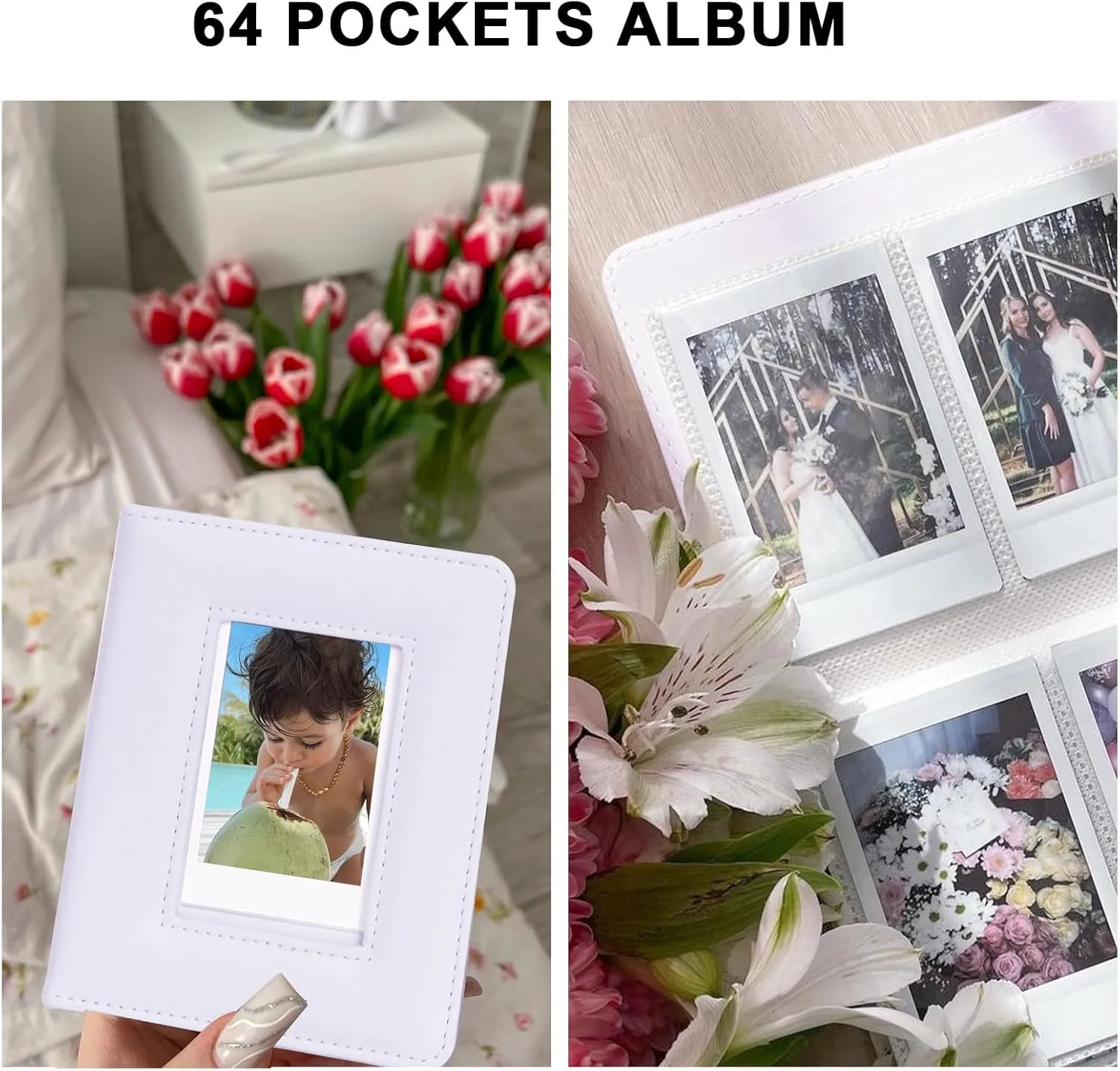 Fujifilm Instax Mini 12 Protective Case, PU Leather Bag with Magnetic Closure and Back Pocket, 64 Mini Photo Album and Adjustable Shoulder Strap (White)