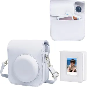 Fujifilm Instax Mini 12 Protective Case, PU Leather Bag with Magnetic Closure and Back Pocket, 64 Mini Photo Album and Adjustable Shoulder Strap (White)