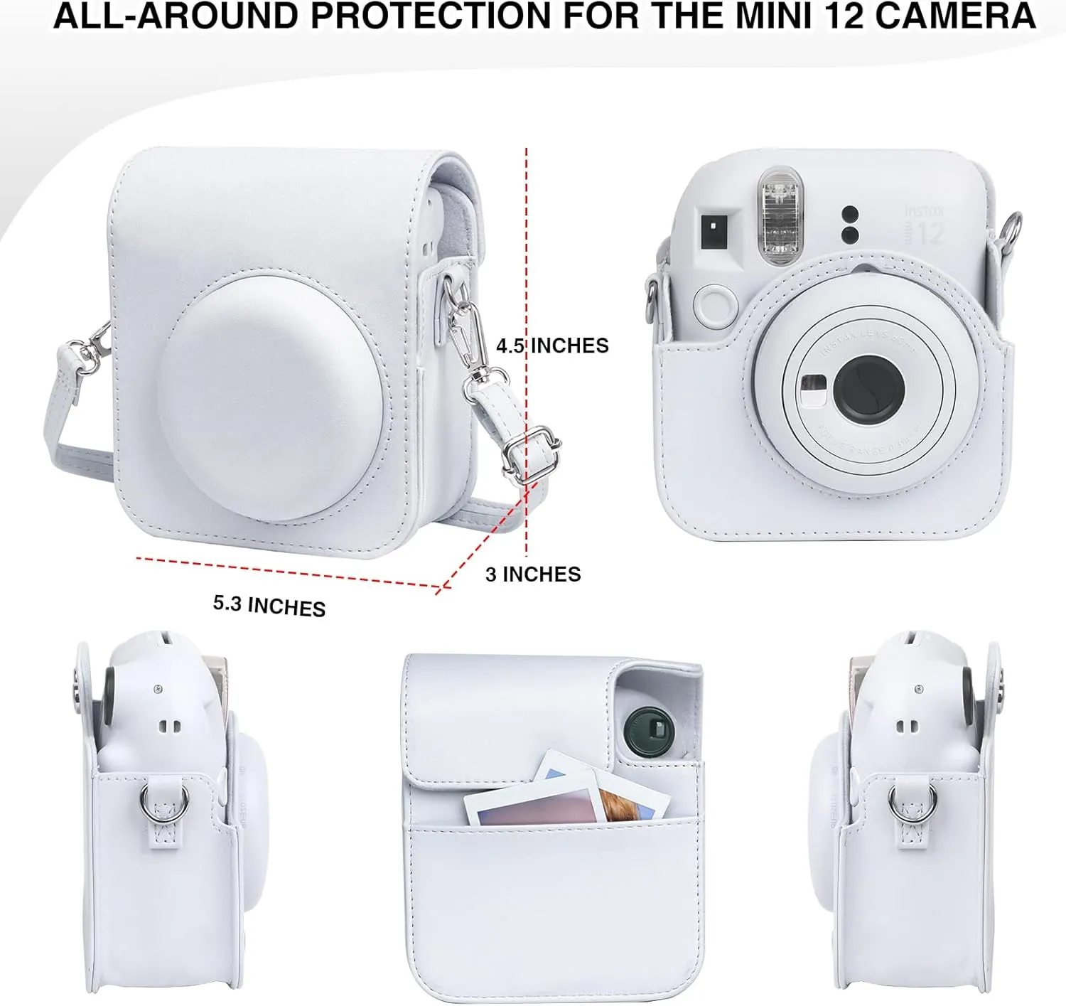 Fujifilm Instax Mini 12 Protective Case, PU Leather Bag with Magnetic Closure and Back Pocket, 64 Mini Photo Album and Adjustable Shoulder Strap (White)