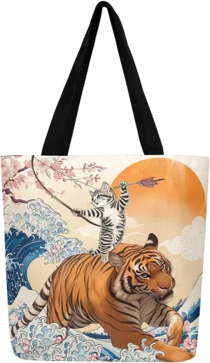 Funny Cat Canvas Bag Japanese Ocean Wave Grocery Bag, Cartoon Asian Fun Anime Canvas Tote Bag